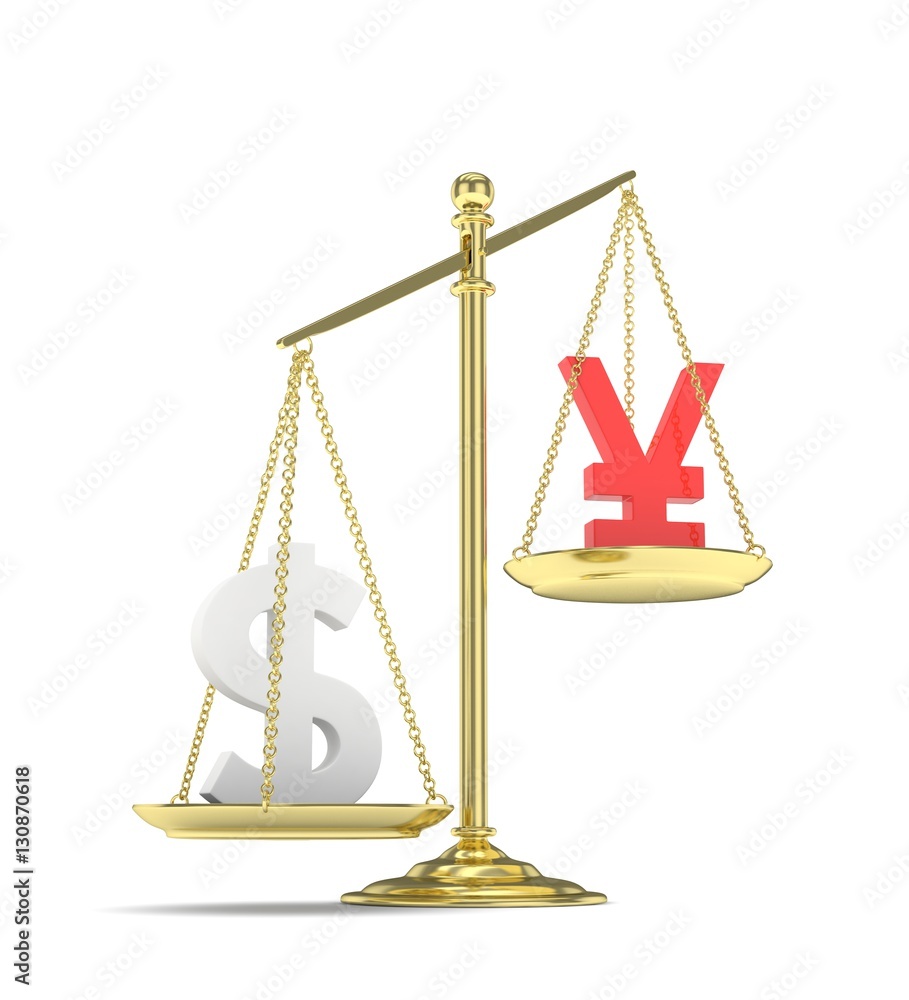 Isolated old fashioned pan scale with dollar and yuan,yen on white background. American and chinese and japanese currency. Dollar is heavier. Silver usd, red yuan. 3D rendering. Isolated old fashioned pan scale with dollar and yuan,yen on white background. American and chinese and japanese currency. Dollar is heavier. Silver usd, red yuan. 3D rendering.