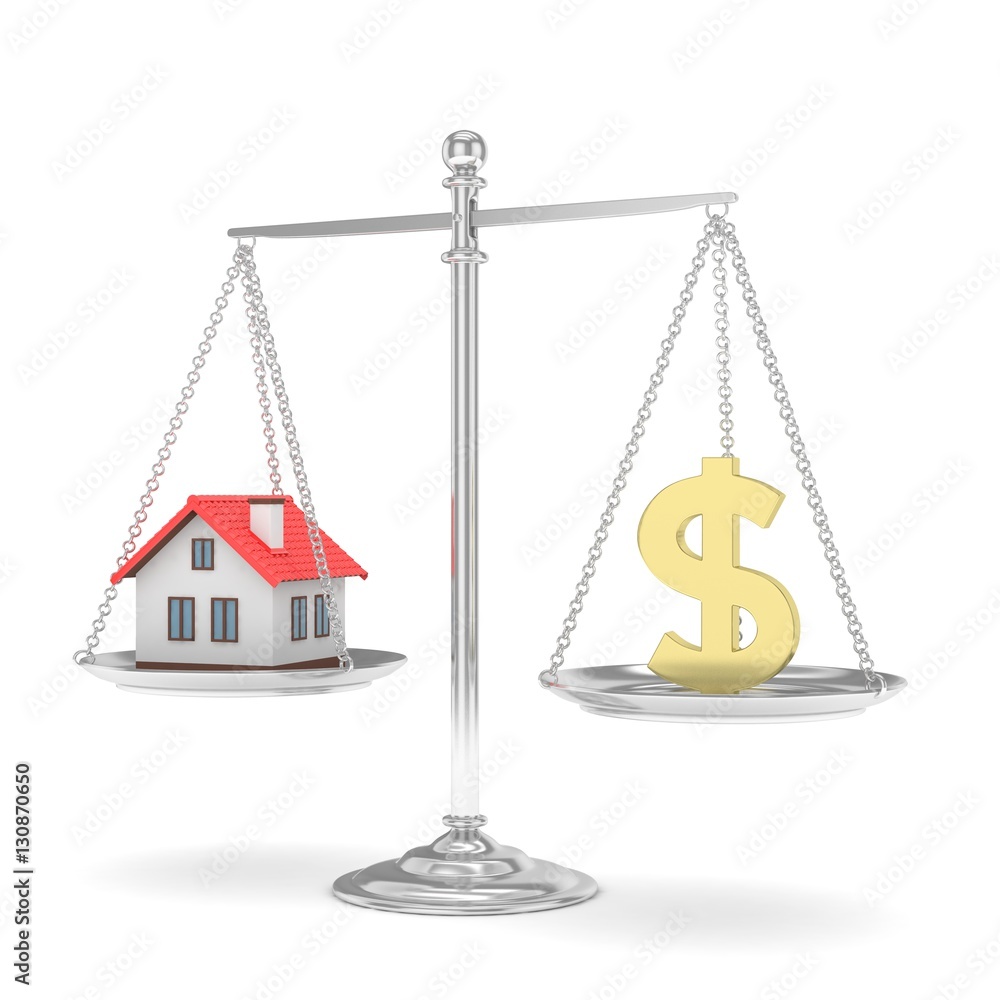 Isolated silver scales with golden dollar and house on white background. Investment or savings concept. Real estate and currency. 3D rendering. Isolated silver scales with golden dollar and house on white background. Investment or savings concept. Real estate and currency. 3D rendering.