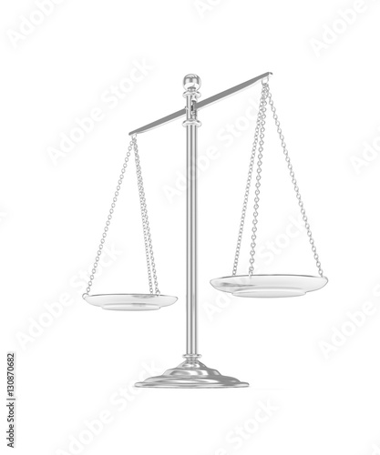 Isolated white silver scales on white background. Symbol of judgement. Law, measurement, liberty in one concept. 3D rendering.