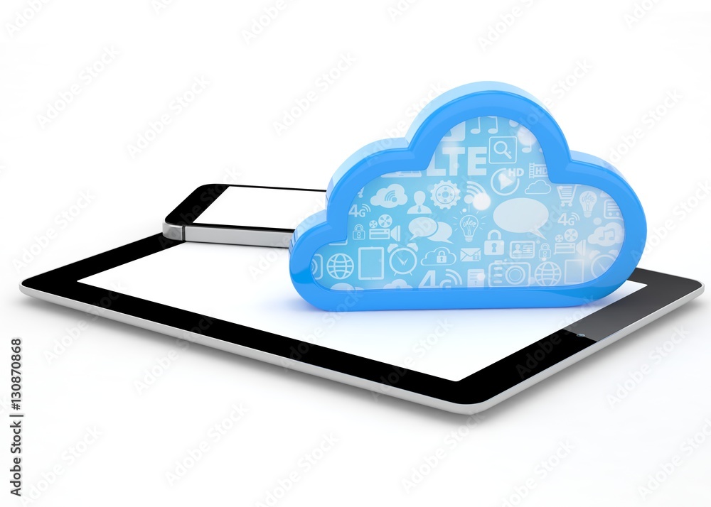 tablet pc, smart phone and cloud. 3d rendering. tablet pc, smart phone and cloud. 3d rendering.