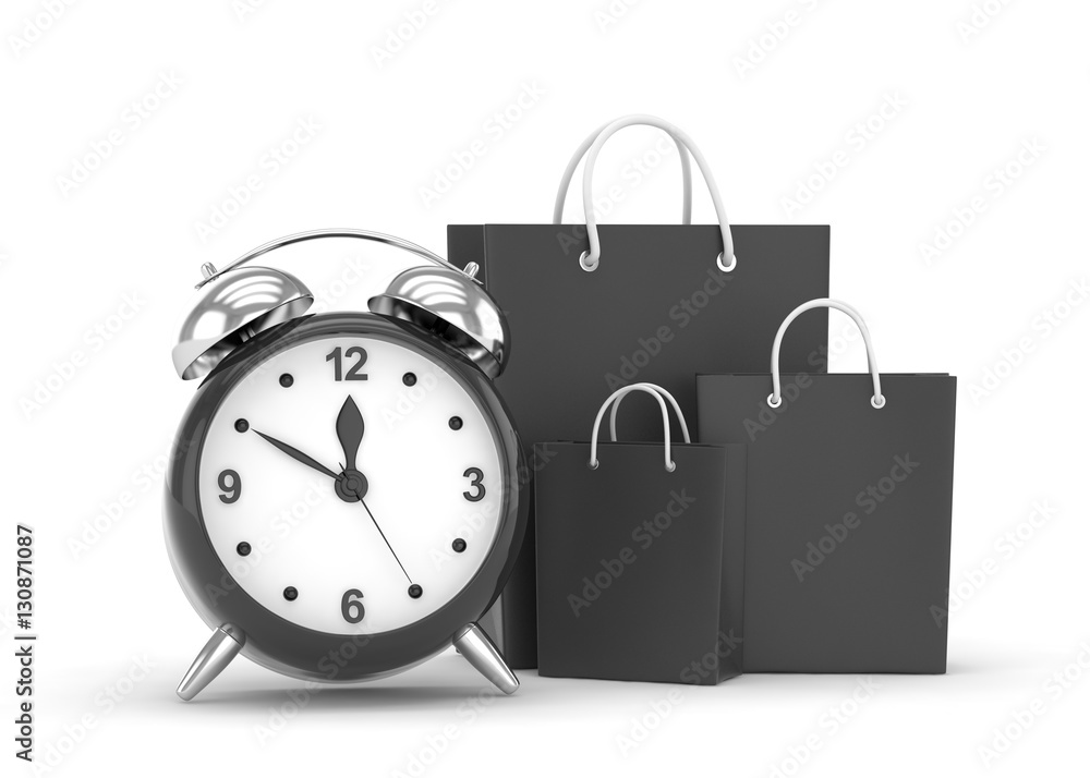 alarm clock and shopping bag (time to buy concept). 3d rendering. alarm clock and shopping bag (time to buy concept). 3d rendering.
