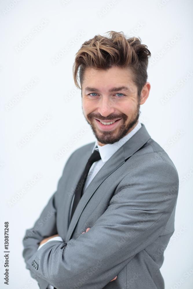 Close up portrait of a smiling handsome business man over white Close up portrait of a smiling handsome business man over white