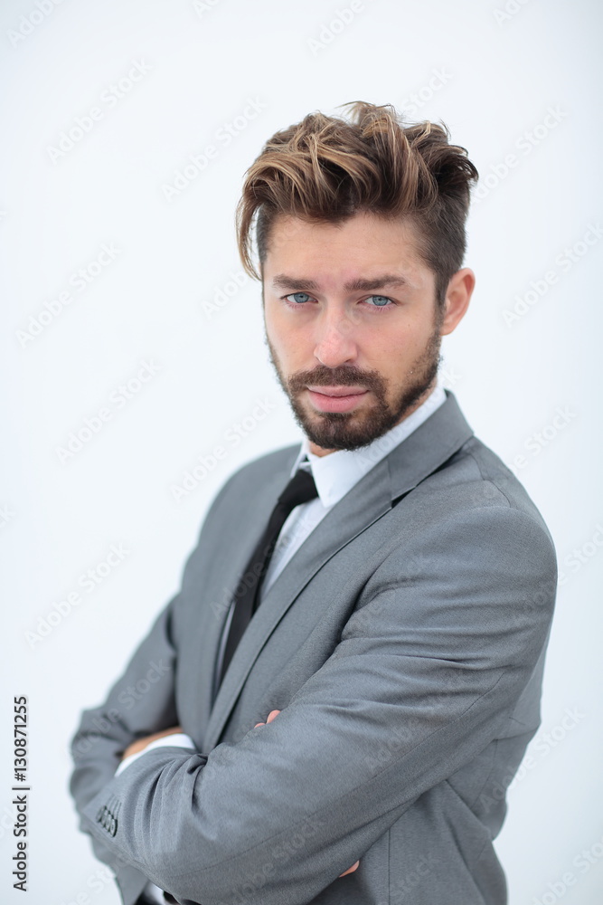 Close up portrait of a smiling handsome business man over white Close up portrait of a smiling handsome business man over white