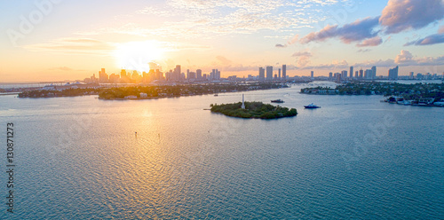 City of Miami Florida Aerial Sunset View Biscayne Bay