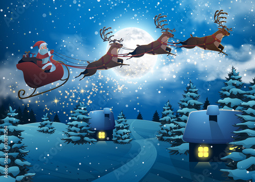 Santa Claus Flying on a Sleigh with Deer. House Snowy Christmas Landscape Fir Tree at Night and Big Moon. Concept for Greeting or Postal Card. Background Vector Illustration in Cartoon Style
