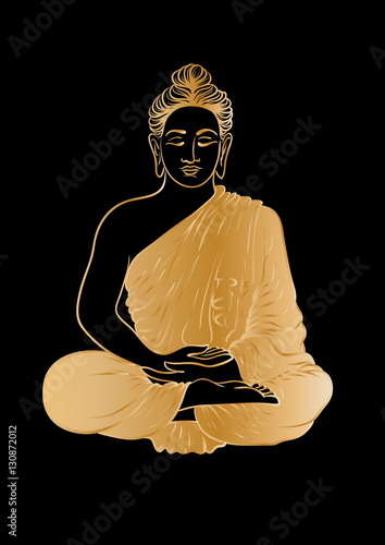 Drawing of a Buddha statue. Art vector illustration of Gautama - gold line art on a black background. Buddhism Religion