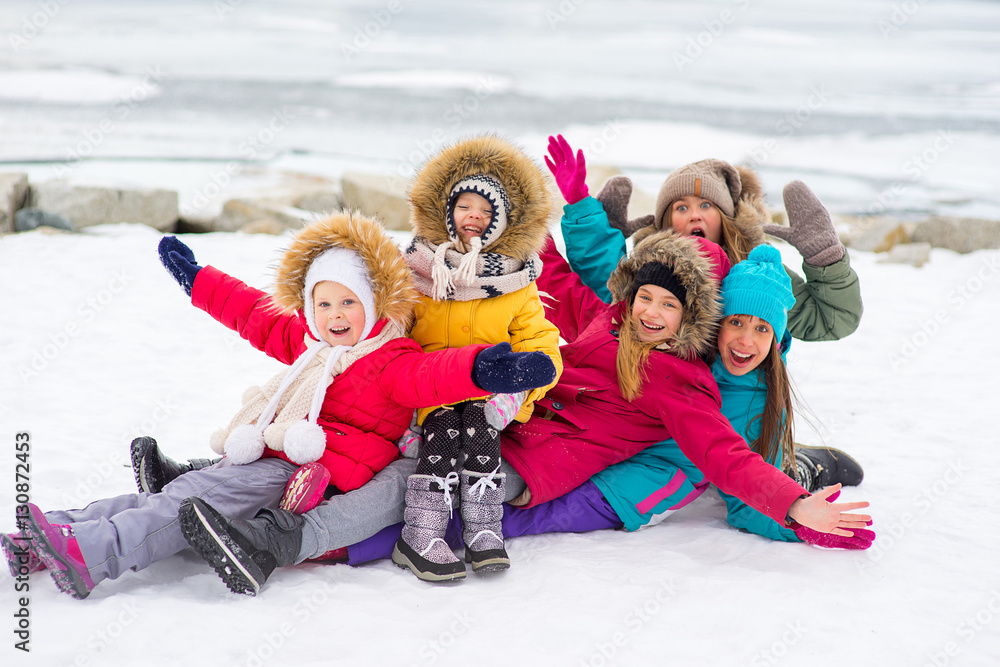 Group of young girls on the frozen lake Group of young girls on the frozen lake