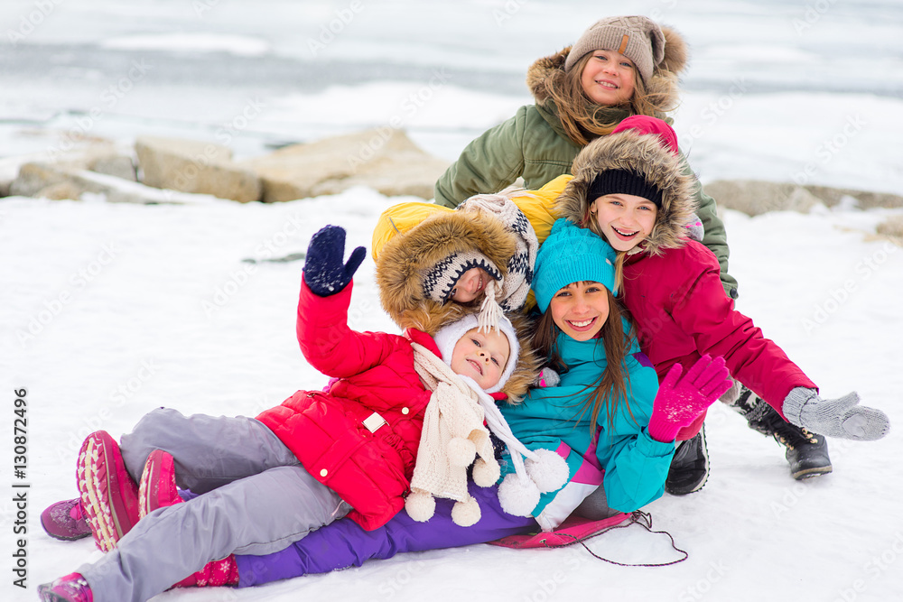 Group of young girls on the frozen lake Group of young girls on the frozen lake