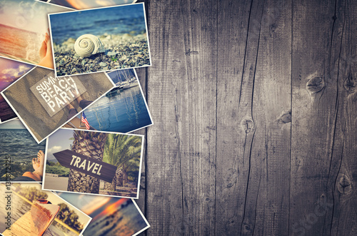 Travel photo collage on wooden background