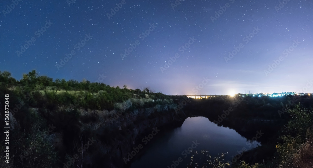 Night panorama with stars and cloudless clear sky