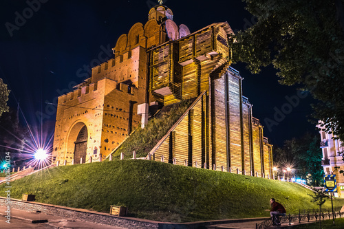 Golden Gate monument in Kyiv at night. Street view photo