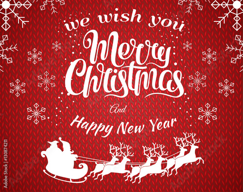 Red vector christmas illustation background with Santa Claus silhouette riding a sleigh with deers. Merry christmass poster with white snowflakes