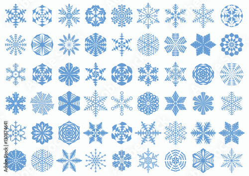 Big set of blue snowflake silhouettes isolated on white background. Winter, New Year, Christmas festive symbols