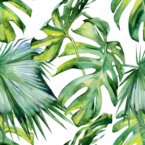 Seamless watercolor illustration of tropical leaves, dense jungle. Hand paint...