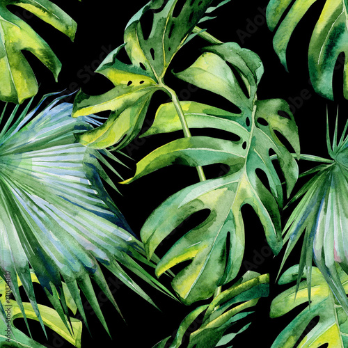 Seamless watercolor illustration of tropical leaves, dense jungle. Hand paint...