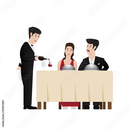 Butler serving wine to guests, vector illustration
