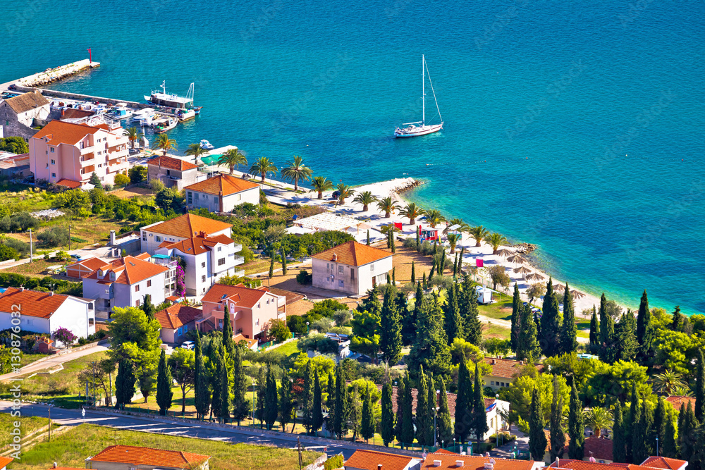 Trogir beach and tourist coast aerial view