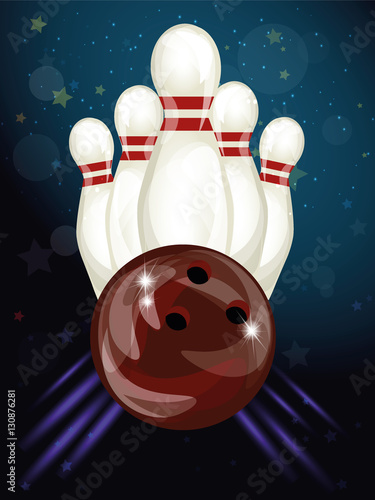 Red bowling ball crashing into the white glossy skittles on ligh