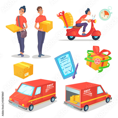 Cartoon delivery concept objects set. Fast delivery van and scooter. Delivery man. Vector illustration