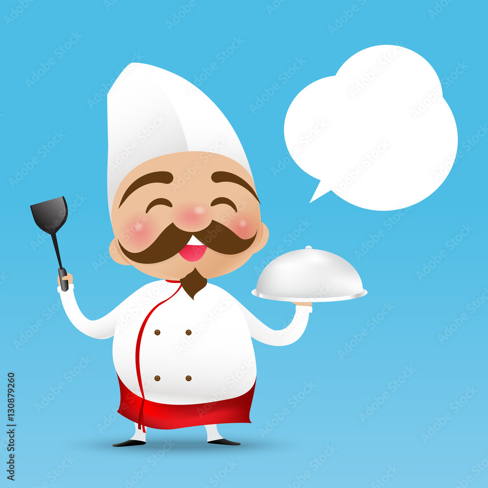 Chinese chef cartoon holding the Turner and served the food with Stock