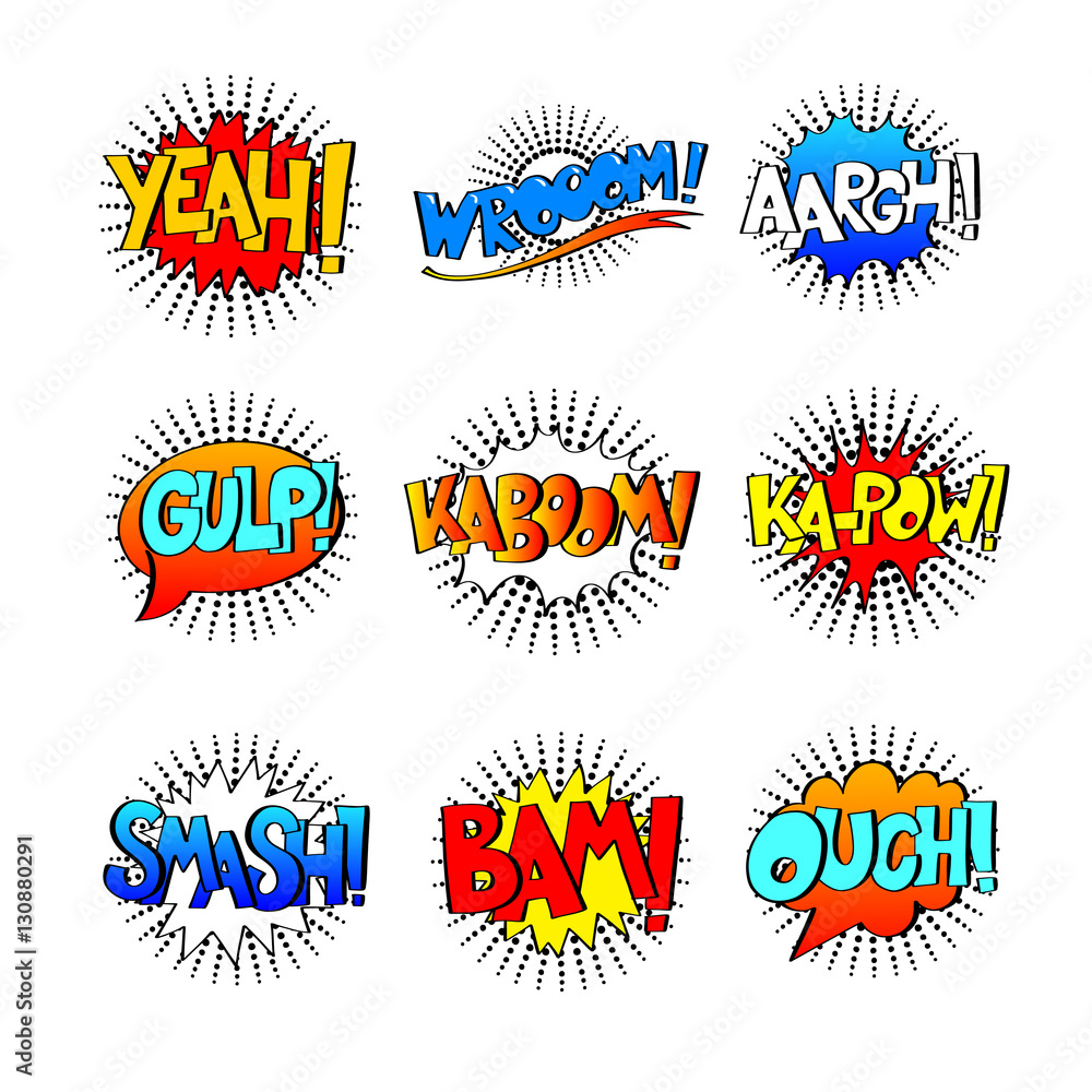 collection of nine multicolored comic sound effects in pop art s collection of nine multicolored comic sound effects in pop art s
