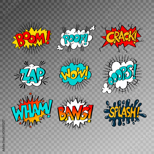 collection of nine multicolored comic sound effects in pop art s