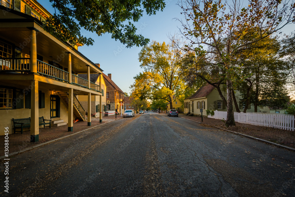 Houses along Main Street, in the Old Salem Historic District, in
