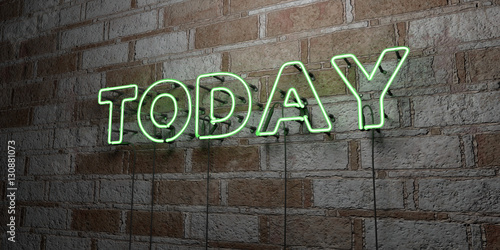 TODAY - Glowing Neon Sign on stonework wall - 3D rendered royalty free stock illustration.  Can be used for online banner ads and direct mailers..