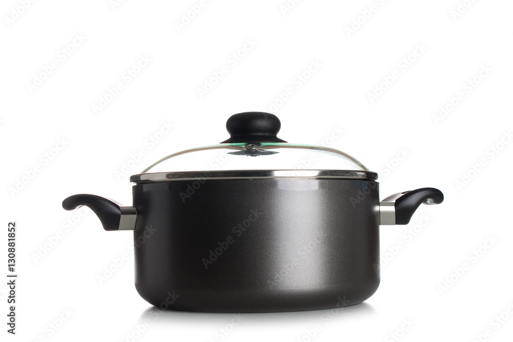 Stainless pan with open up glass cover isolated on a white backg