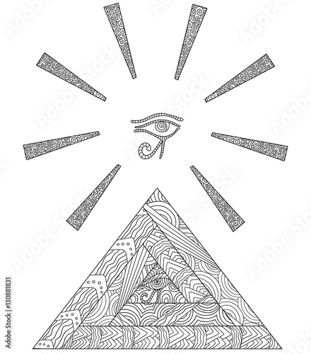 Doodle coloring book with the symbol of the Egyptian pyramids and the Eye of Horus in the center of triangle. From the eye of Horus diverging the rays of sun.