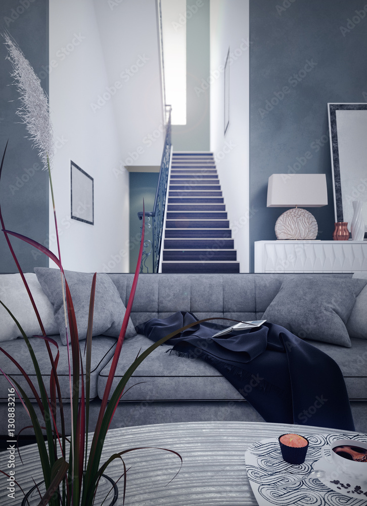 Low angle view of the beautiful living room with high ceiling and staircase  in the background Stock Illustration | Adobe Stock
