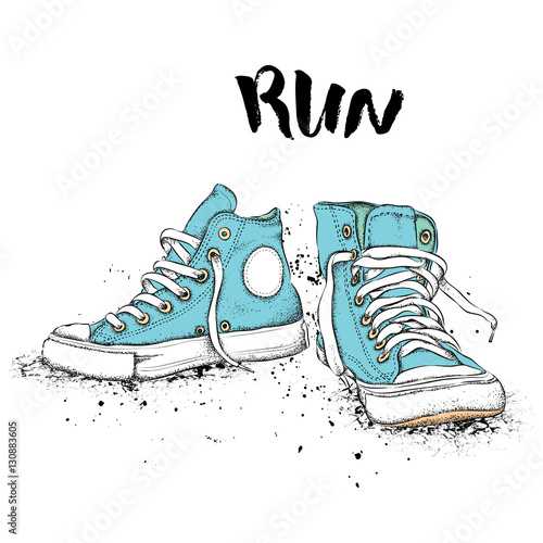 Hand drawn sneakers on white background. Run Concept. Vector illustration