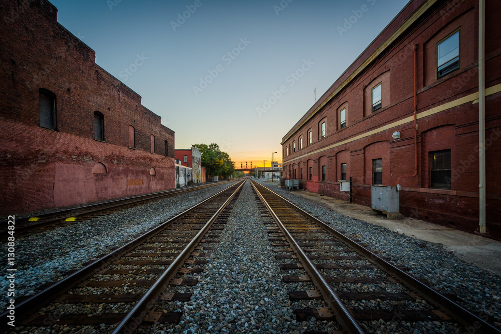 Railroad tracks at sunset, in downtown Greensboro, North Carolin