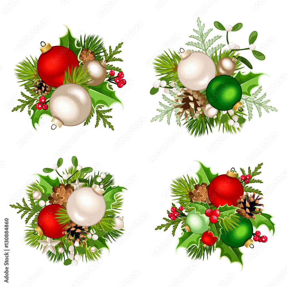Set of four vector Christmas decorations with red, silver and green balls, fir-tree branches, cones, holly and mistletoe isolated on a white background. Set of four vector Christmas decorations with red, silver and green balls, fir-tree branches, cones, holly and mistletoe isolated on a white background.