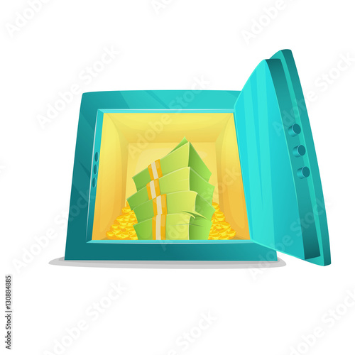 Small safe. Cartoon style illustration of opened bank safe with money and coins inside. Vector illustration