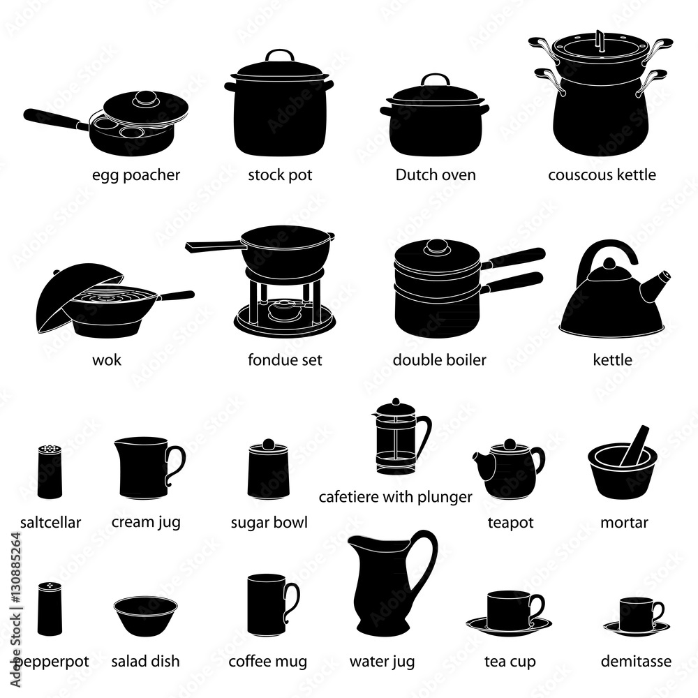 Kitchen utensils illustrations set. Cooking, dinner service, with names.  Black silhuettes of kitchenware with white outlines. Stock Vector