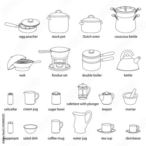 Kitchen utensils illustrations set. Cooking, dinner service, with names.  White flat outlined images of kitchenware. Stock Vector | Adobe Stock