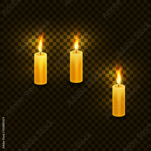Candles with flame for birthday and christmas holiday. Vector set isolated on checkered transparent backdrop illustration