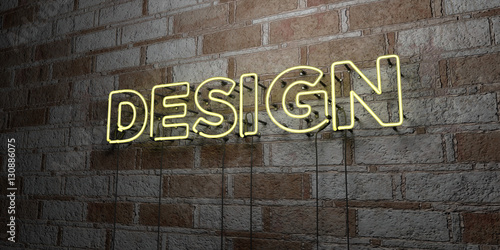 DESIGN - Glowing Neon Sign on stonework wall - 3D rendered royalty free stock illustration. Can be used for online banner ads and direct mailers..