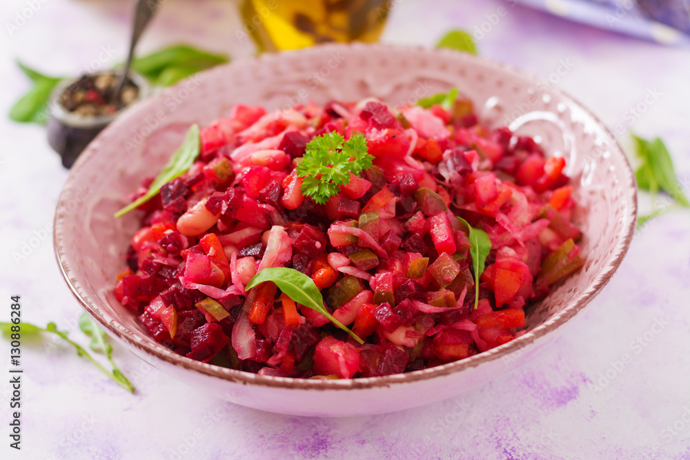 Beet salad Vinaigrette in a pink bowl Beet salad Vinaigrette in a pink bowl