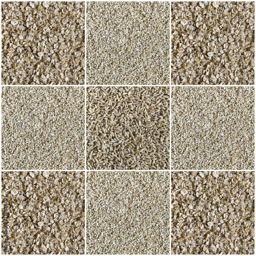 Fototapeta premium Collage consisting of whole wheat grain, cut wheat and oat flakes. Food background. Healthy lifestyle concept.