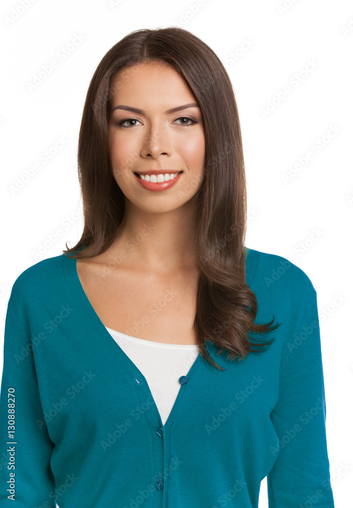 smiling woman in green casual smart clothing, isolated smiling woman in green casual smart clothing, isolated