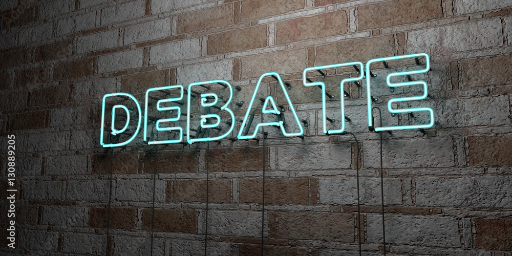 Fototapeta premium DEBATE - Glowing Neon Sign on stonework wall - 3D rendered royalty free stock illustration. Can be used for online banner ads and direct mailers..