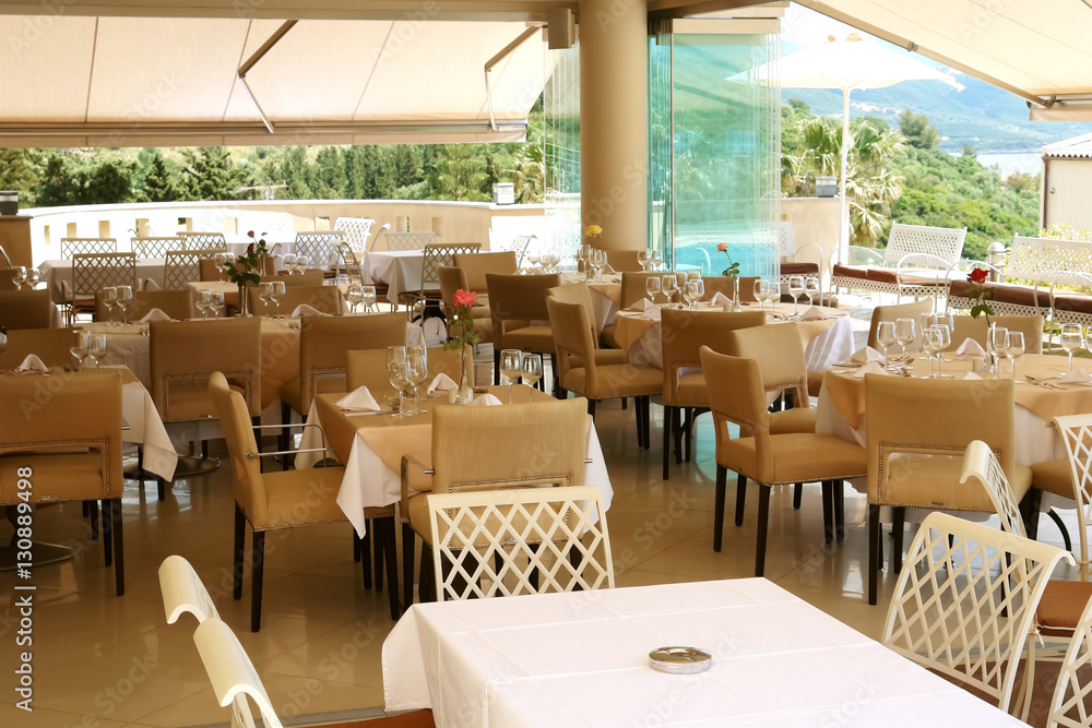 Stylish restaurant with views of the Ionian Sea in Greece.