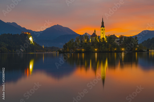 beautiful sunrise on the lake bled