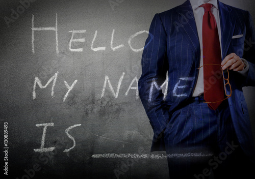 Self Introduction - Hello, My name is ... written on a blackboar