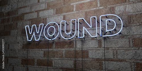 WOUND - Glowing Neon Sign on stonework wall - 3D rendered royalty free stock illustration. Can be used for online banner ads and direct mailers..