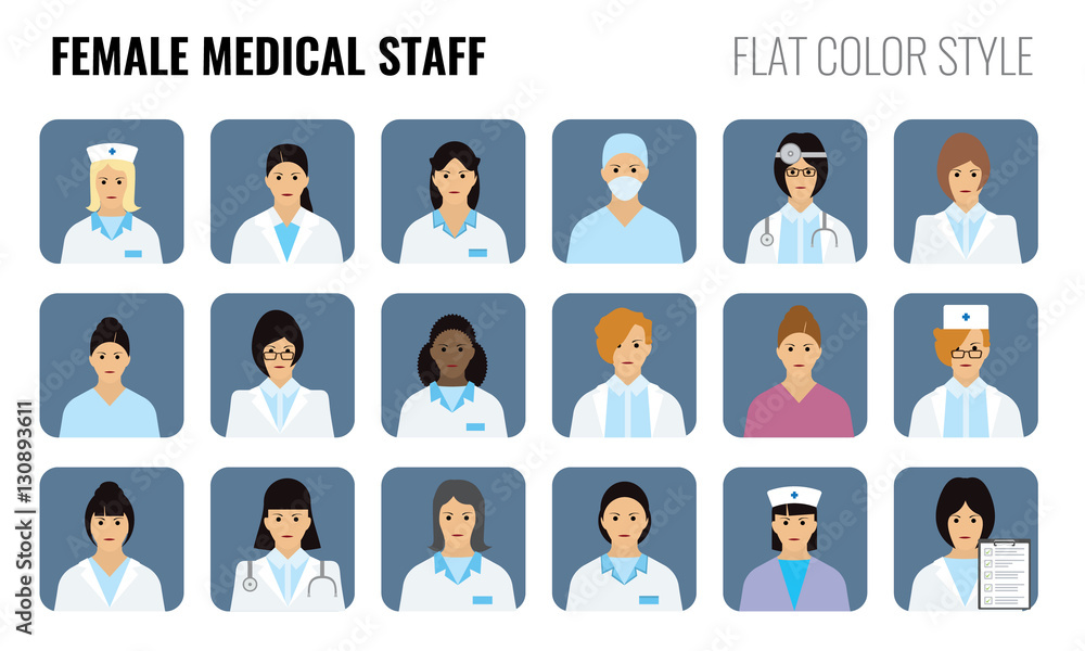 Female Medical staff - people icons. Set of Women doctor icons with flat color style design. Female Medical staff - people icons. Set of Women doctor icons with flat color style design.