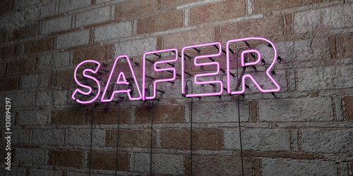 SAFER - Glowing Neon Sign on stonework wall - 3D rendered royalty free stock illustration.  Can be used for online banner ads and direct mailers..