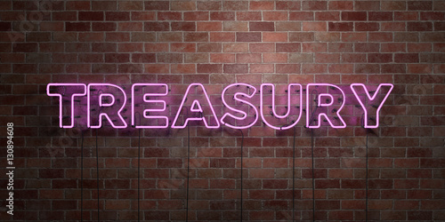 TREASURY - fluorescent Neon tube Sign on brickwork - Front view - 3D rendered royalty free stock picture. Can be used for online banner ads and direct mailers.. photo